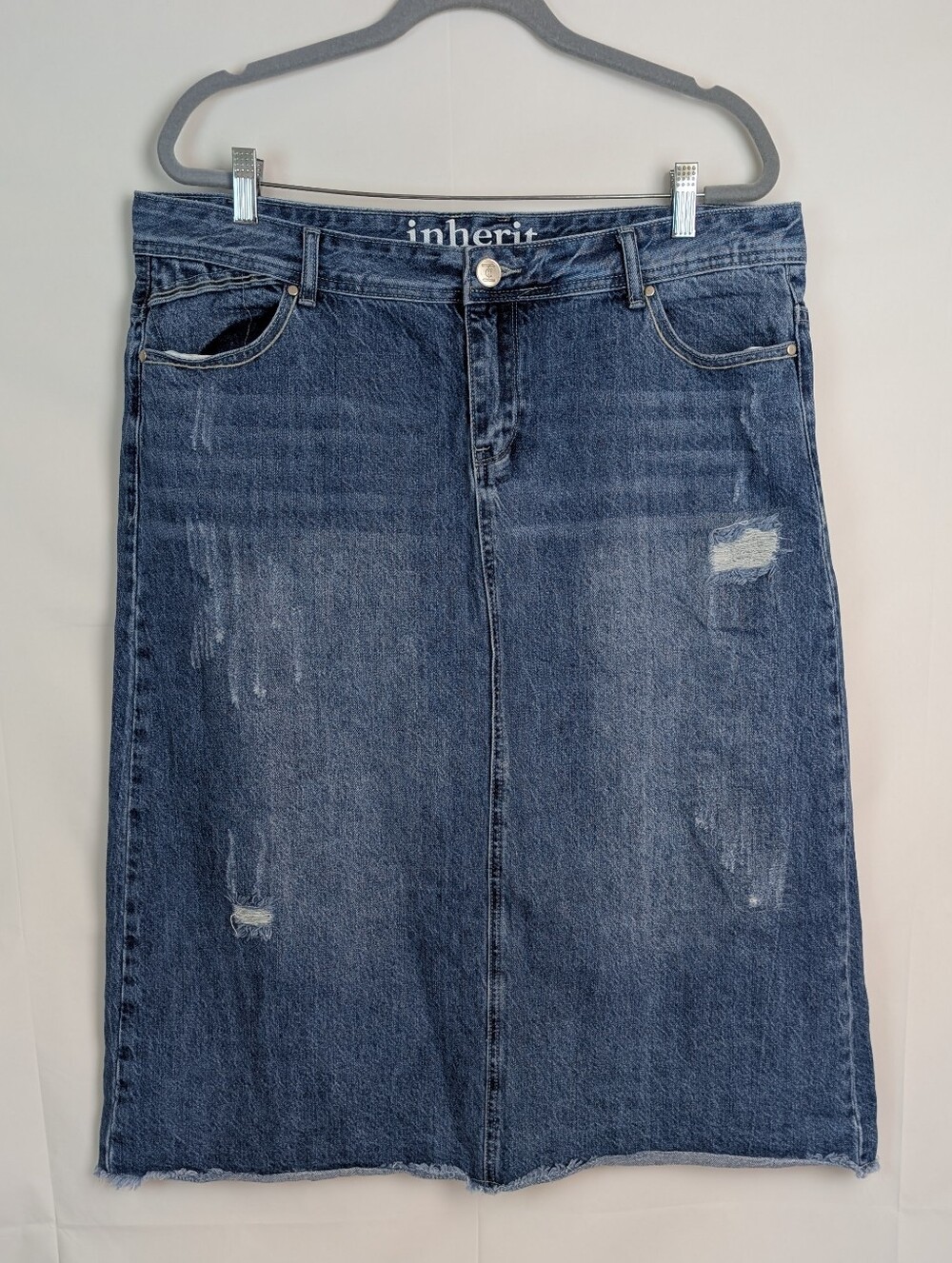 Inherit Co Everly Midi Distressed Denim Modest Skirt 2XL 17/18